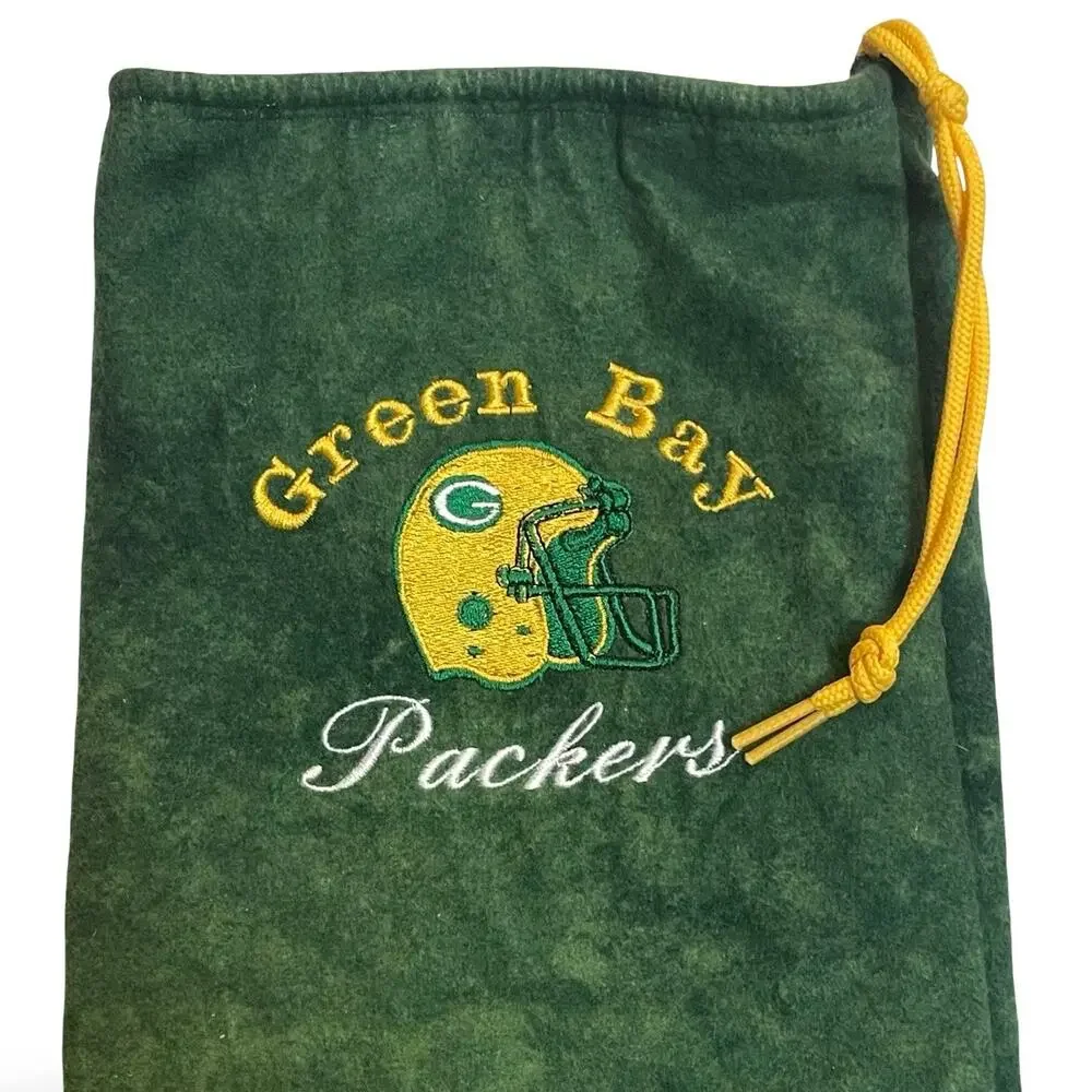 Green Bay Packers Drawstring Pouch Bag Velvet Velour Embroidered 90s Vintage